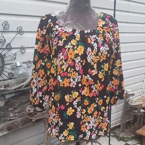 Chaps💐NWOT Vibrant Floral Blouse - Black, Yellow, Pink Size M